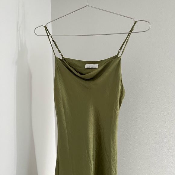 OAK + FORT Cowl Neck Satin Midi Dress in Olive Green - Picture 5 of 12